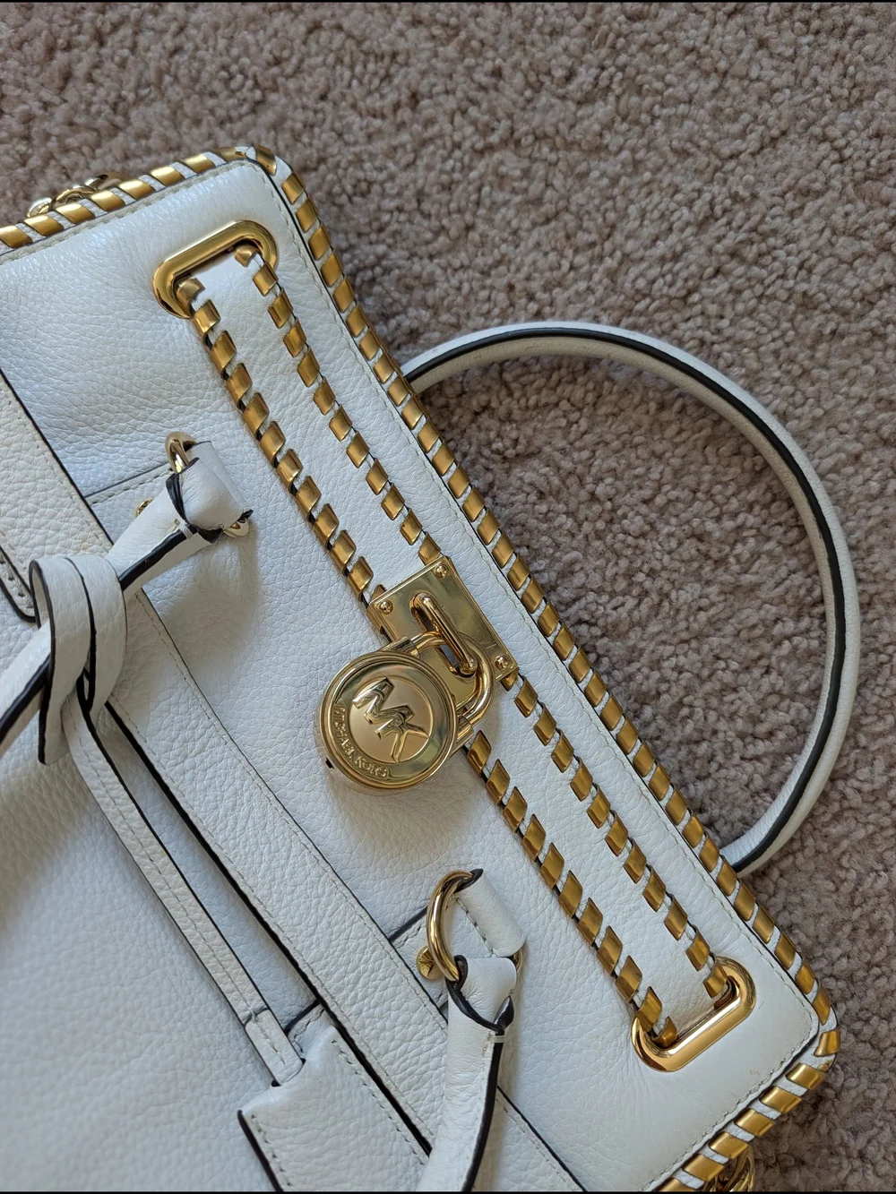 Michael Kors White Gold Hamilton Whipped Leather Satchel Handbag Purse